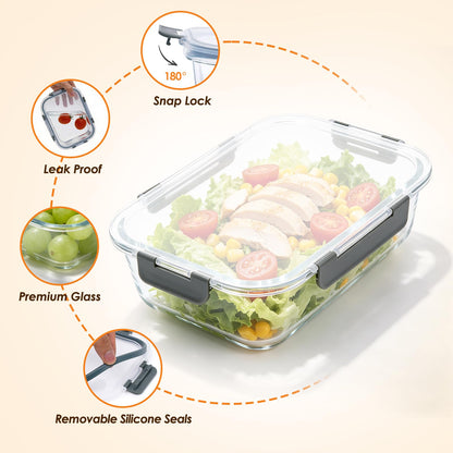 KEKEGO 5 Pack 36oz Glass Storage Containers with Lids, Glass Meal Prep Food Container Sets with Snap Airtight Lid for Microwave, Oven, Freezer and Dishwasher, Grey