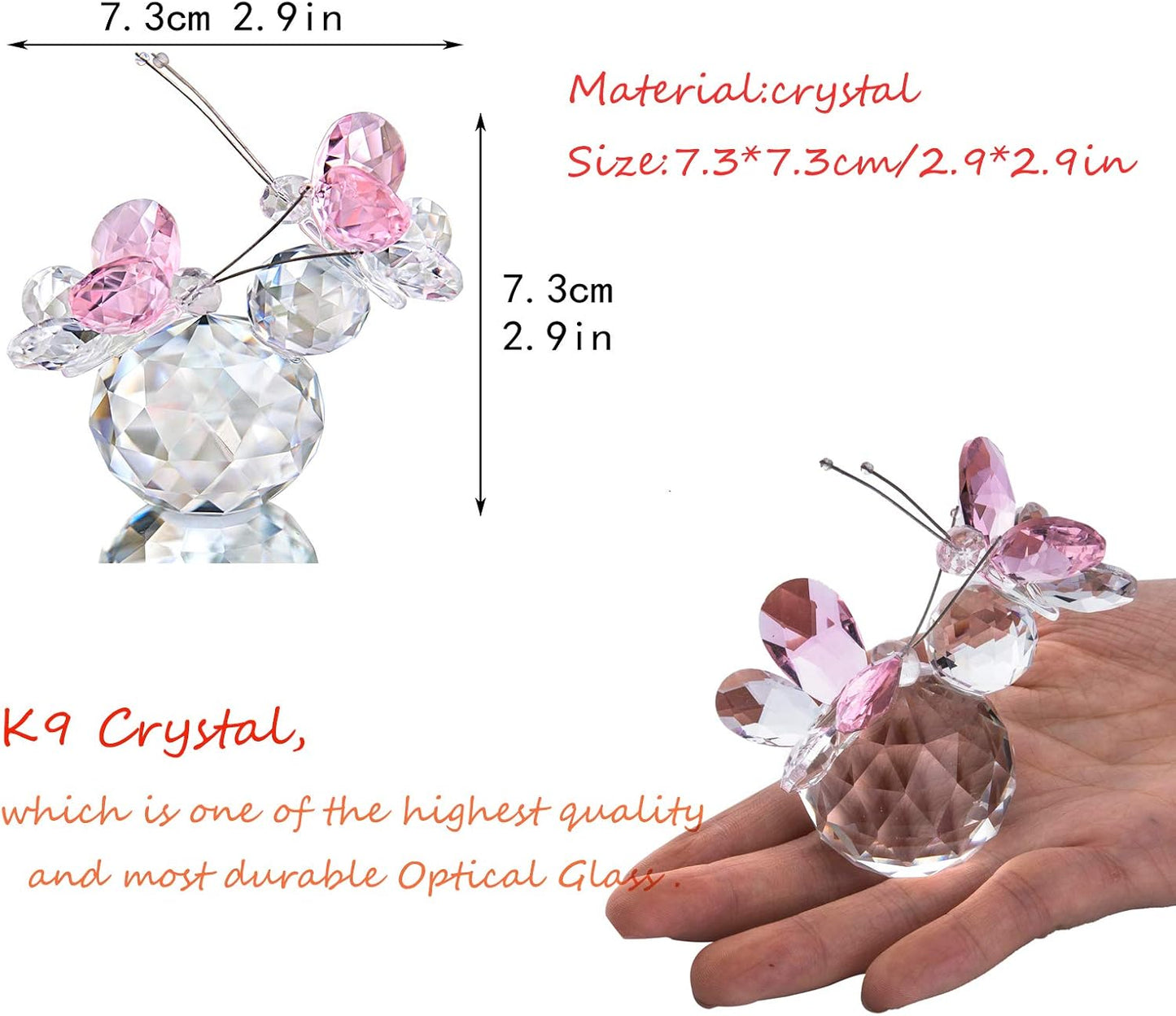 H&D HYALINE & DORA Pink Crystal Cut Double Butterfly Figurine, Handmade Art Glass Collectible Gift, Gift Boxed