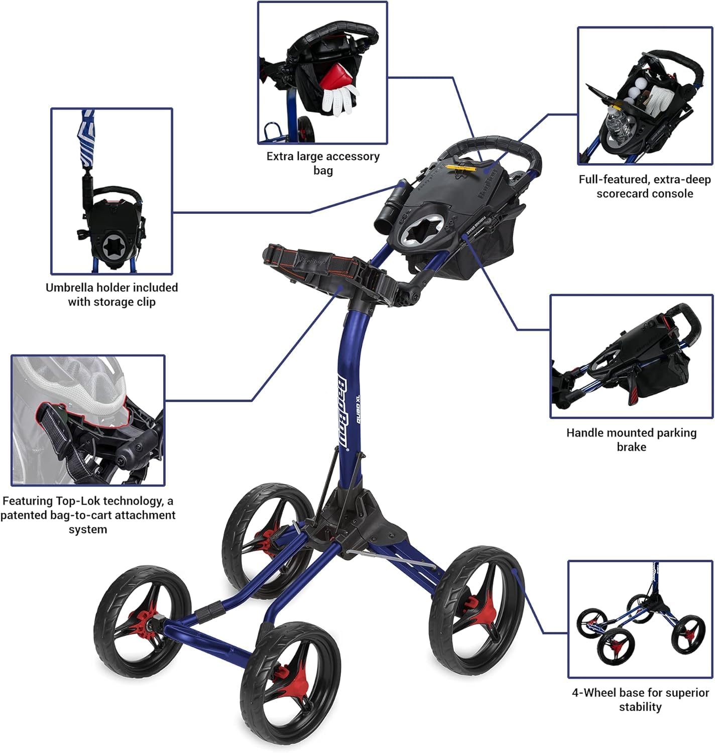 Bag Boy Quad XL Golf Push Cart, Black/Silver