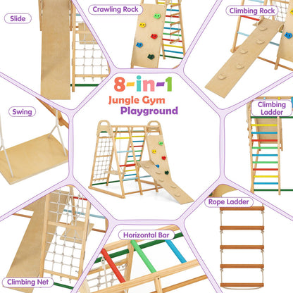 INFANS Indoor Jungle Gym, 8 in 1 Kids Montessori Indoor Playground Climbing Playset for Toddlers with Slide Swing Net Monkey Bars Rope Ladder, Wood Climber Toys for Boys Girls