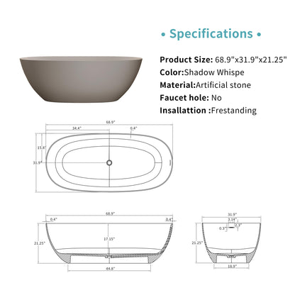 KEIKI 69" Freestanding Bathtub, Resin Stone Soaking Bathtub Solid Surface Modern Tubs with Overflow and Pop-up Drain, Beige