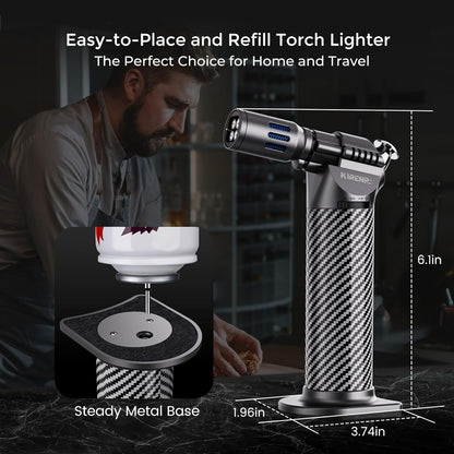 Quad Torch Lighter with Adjustable Flame, Refillable Windproof Blow Torch for Kitchen Cooking and BBQ