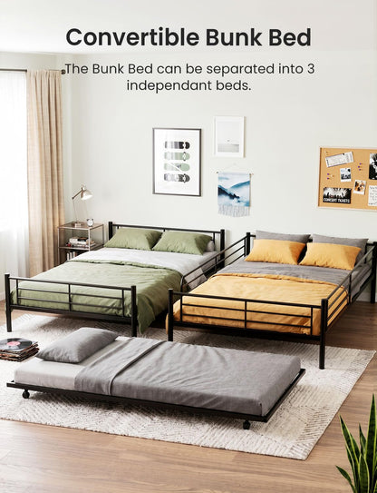 Mixcous Full Over Full Bunk Bed with Trundle, Heavy Duty Metal Bed Frame with Full-Length Guardrails & Ladder, 3-in-1 Convertible Full Bunk Bed, Noise-Free, No Box Spring Needed, Black