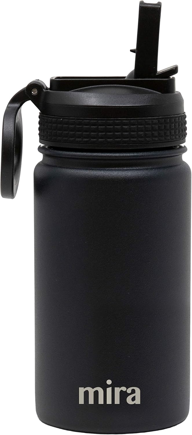 MIRA 12 oz Small Insulated Water Bottle, Leak-Proof Stainless Steel with Straw Lid for Travel, Gym - Black