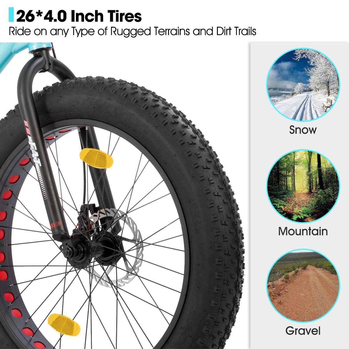 HH HILAND 26 Inch Kids' Bicycles Fat Tire Mountain Bike for Boys and Girls, 7-Speed, Dual-Disc Brake, Kids Beach and Snow Bicycle for Big Kid Green
