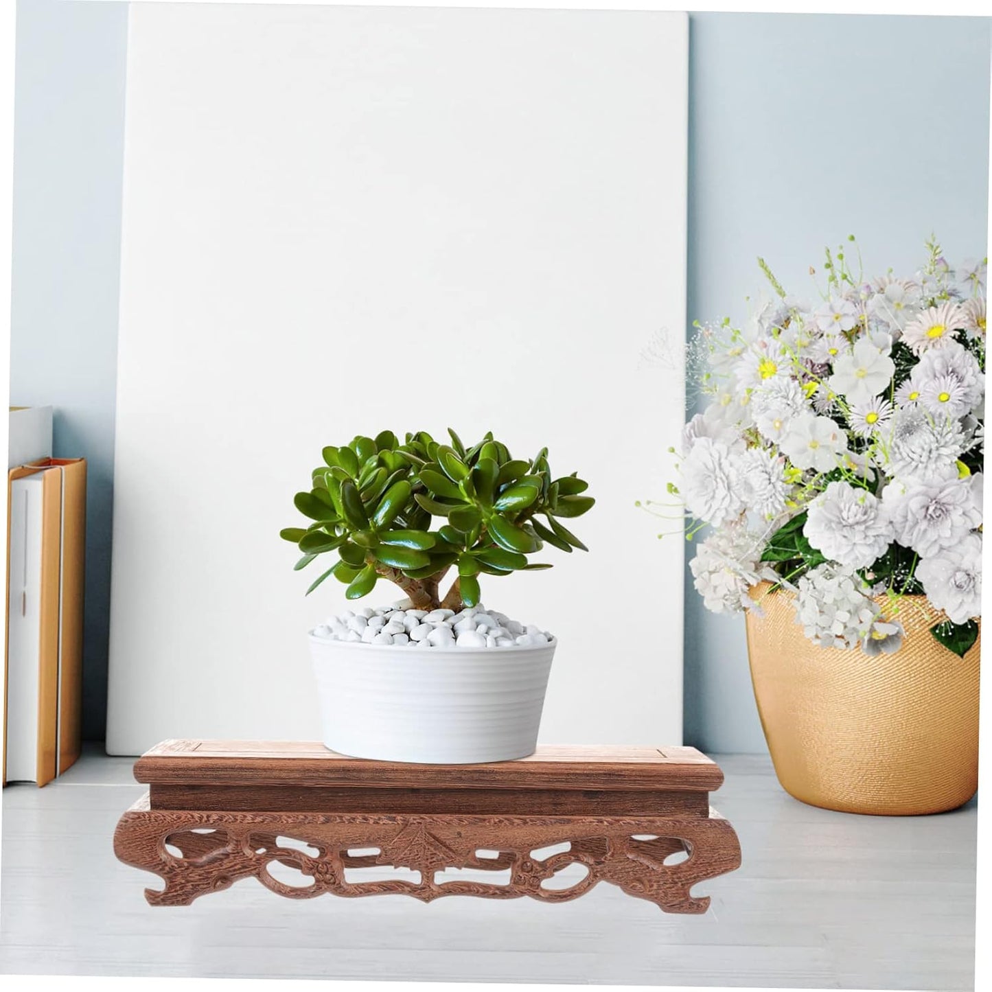 YARNOW Wooden Base Decorative Planter, Rectangle Flower Vase Stand for Home Plant Holder