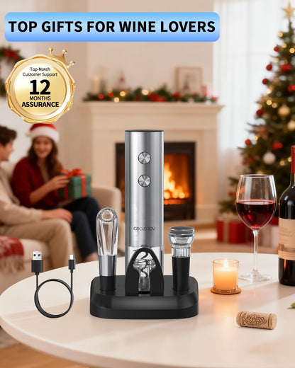 CIRCLE JOY Electric Wine Opener Stainless Steel Rechargeable Automatic Wine Bottle Opener Set 7-in-1 Wine Gifts for Wine Lovers with Charging Base, Foil Cutter, Wine Aerator Pourer & 2 Vacuum Stoppers