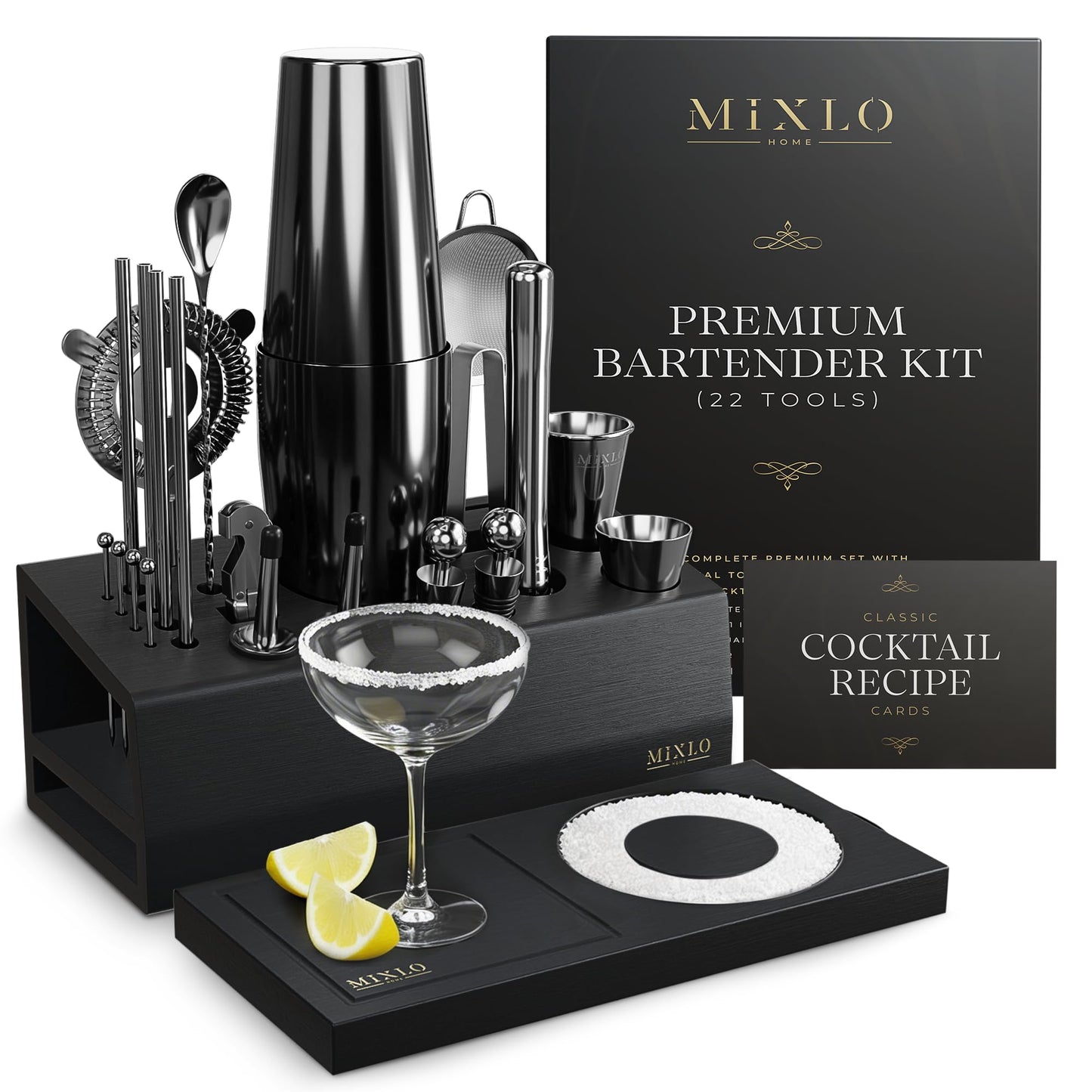 MIXLO HOME Mixology Bartender Kit - 22Pcs Bar Set Cocktail Shaker Set w Black Bar Cart Accessories Stand - Shakers Bartending Gun Metal Black Tools, 24oz Shaker, 17 Recipe Cards, Martini Barware