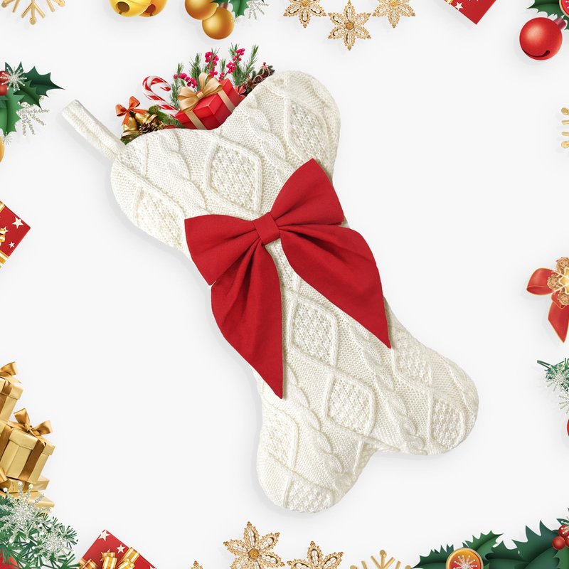 Paulmele Dog Christmas Stocking,Knit Pet White Large Christmas Stocking,Dog Bone Christmas Stockings for Dogs Puppys Pets,Hanging Bone with Bow (Red)