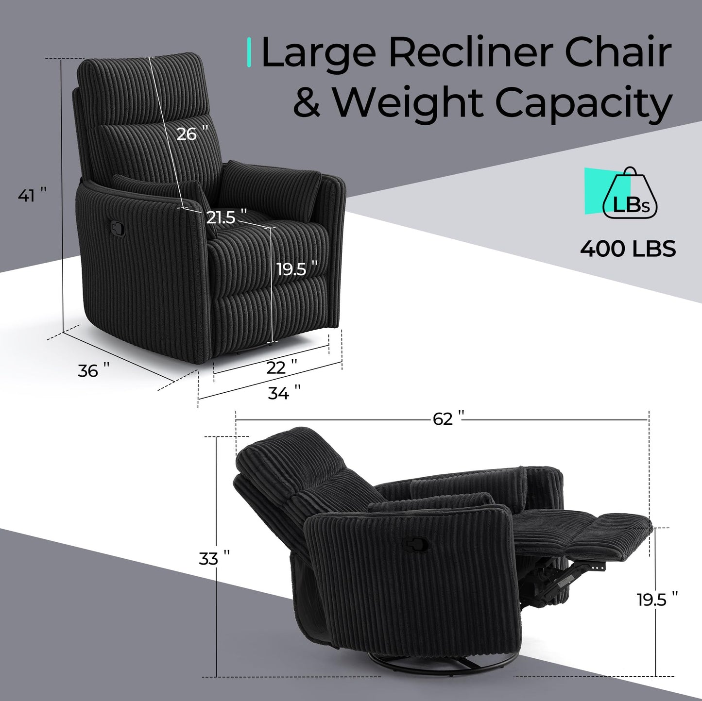 LINSY 360 Swivel Recliner Chair, Nursery Glider Rocking Chair with 2 Pillows, Corduroy Nursing Chair Comfy High Back Adult Rocker Recliner for Small Spaces, Nursery Bedroom Living Room (Black)