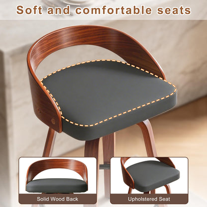 Phent zari Swivel Bar Stools, Mid Century Modern Bar Chairs Island Stools for Kitchen Counter, 25" Upholstered Faux Leather Counter Height Barstools with Walnut Back & Bentwood Legs (4, Grey)