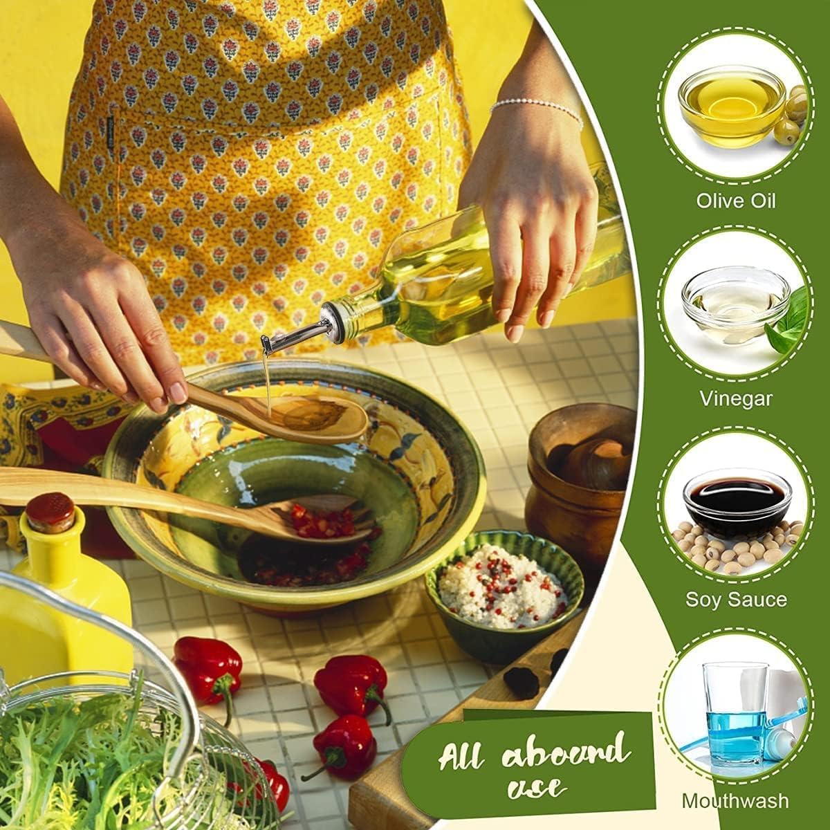 17oz/500ml 2 2 1 1 Showvigor Olive Oil Dispenser, Square Tall Glass Container With Stainless Steel Pourers, Labels