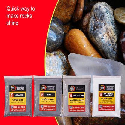 MJR Tumblers Rock Tumbler Grit Kit Refill for 15lb Tumblers, 4 Step Silicon Carbide & 12,000 Grit Aluminum Oxide Polish, Stone Polishing Kit for Rotary & Vibratory Rock Tumblers