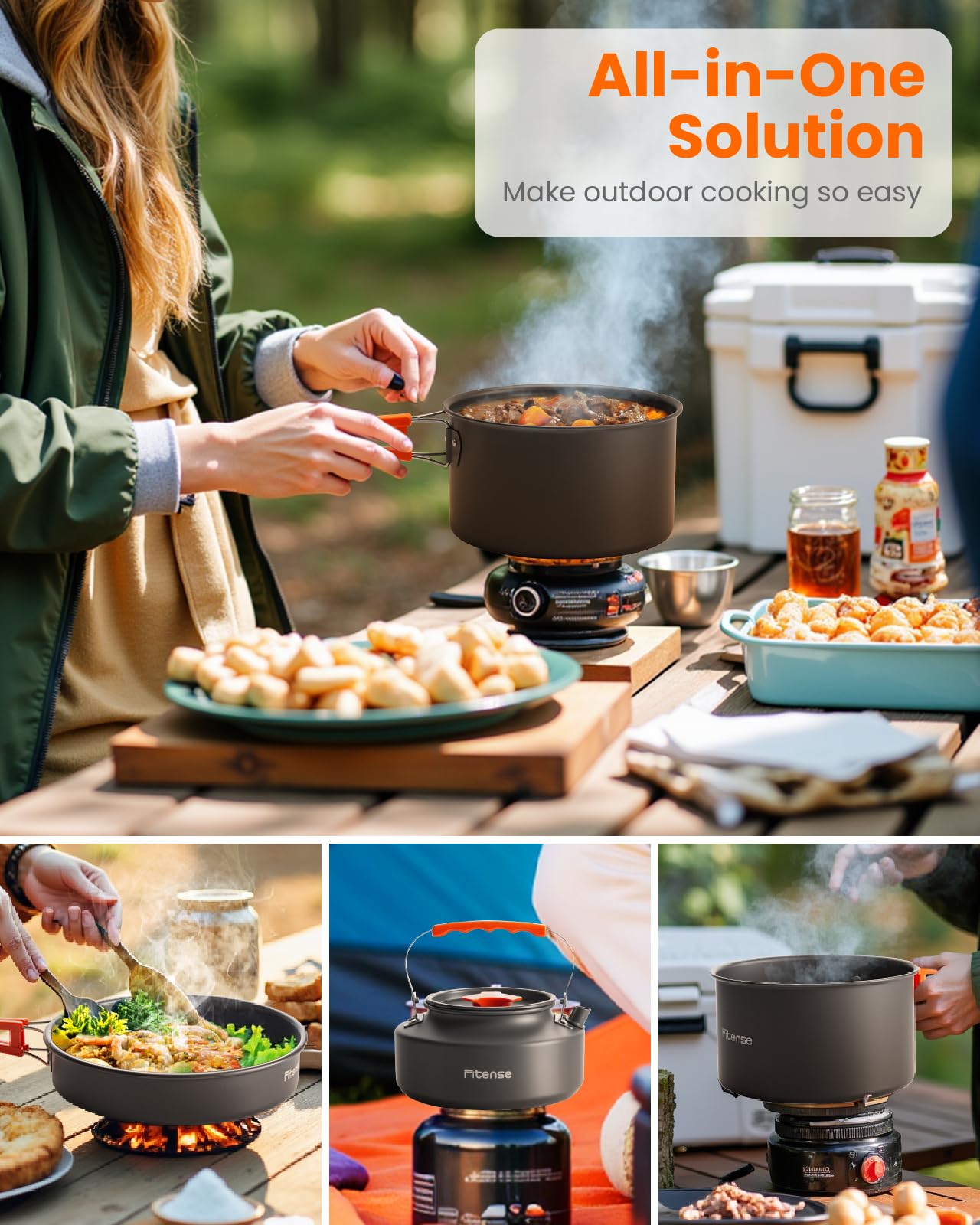 Fitense 21Pcs Camping Cookware Mess Kit for 2, Lightweight Camping Kitchen Pots and Pans Set, Portable Cooking Essentials for Backpacking, Hiking and Picnic