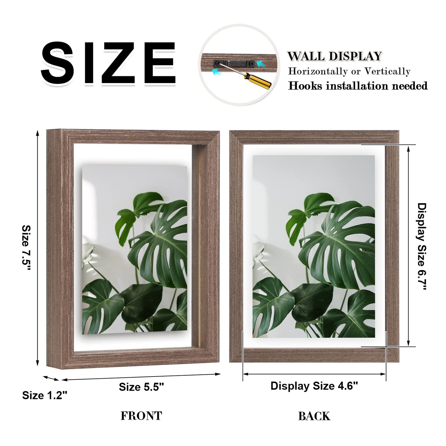Egofine 5x7 Floating Frames Set of 2, Double Plexiglass Picture Frame, Made of Solid Wood Display Any Size Photo up to 5x7, Wall Mount or Tabletop Standing, Brown
