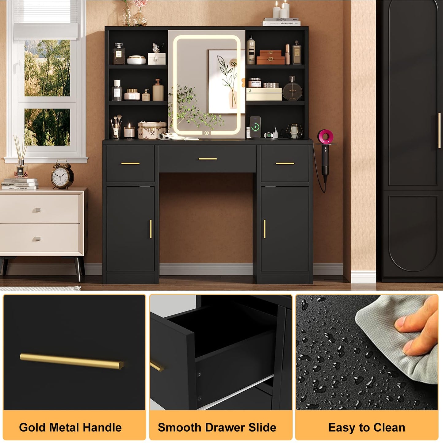 knoworld Vanity Desk with Sliding Mirror & LED Lights, Smart Makeup Table with Charging Station, Hairdryer Holder, 7 Shelves, 3 Drawers, 2 Cabinets, Vanity with Extra Hidden Stroage for Bedroom,Black