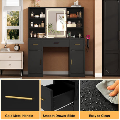 knoworld Vanity Desk with Sliding Mirror & LED Lights, Smart Makeup Table with Charging Station, Hairdryer Holder, 7 Shelves, 3 Drawers, 2 Cabinets, Vanity with Extra Hidden Stroage for Bedroom,Black