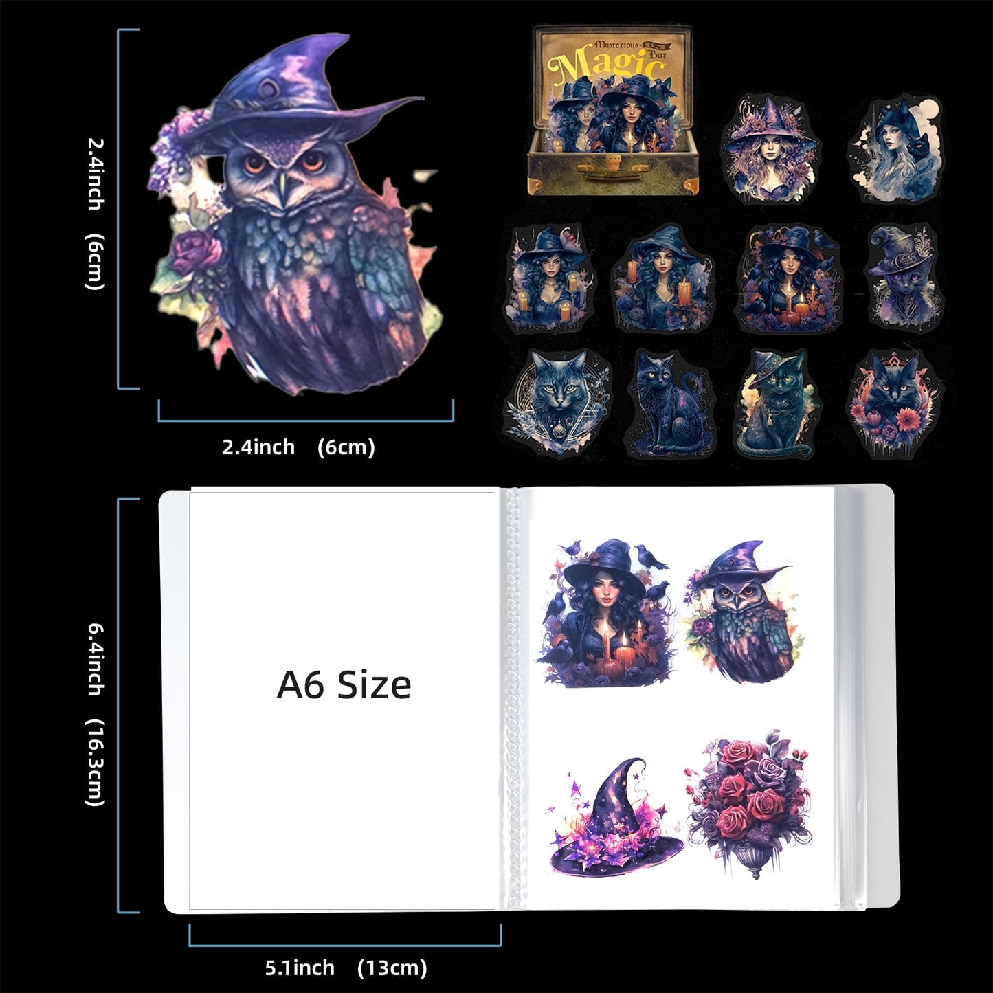 Miyouluna 120Pcs Gothic Fantasy PET Stickers with Organizer – 60 Unique Designs Waterproof Vintage Stickers for Scrapbooking, Journals, and DIY Crafts