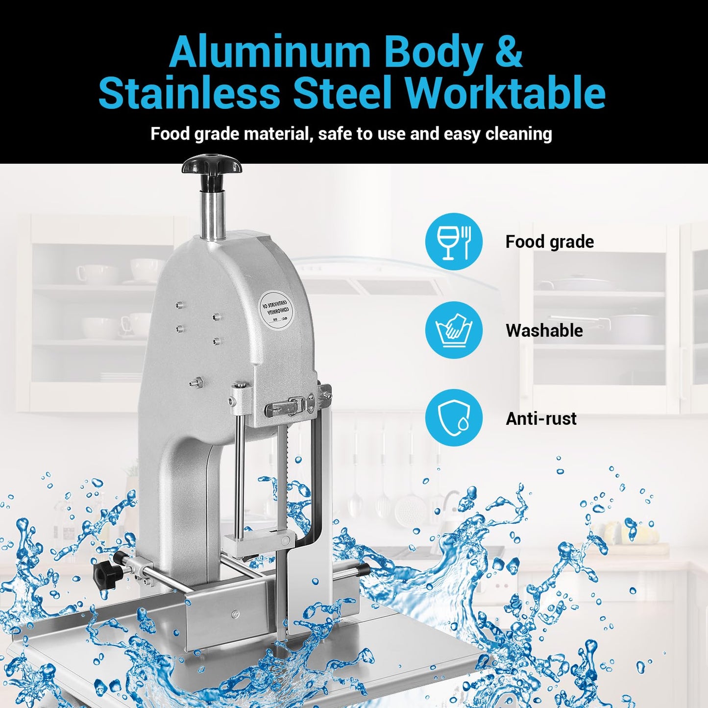 Commercial Electric Meat Bone Saw Machine, Kitchen Frozen Food Processor, Adjustable Thickness 0.6-5.9”, Butcher Band Saw with 20x15” Work Table for Chicken Fish Beef Bread