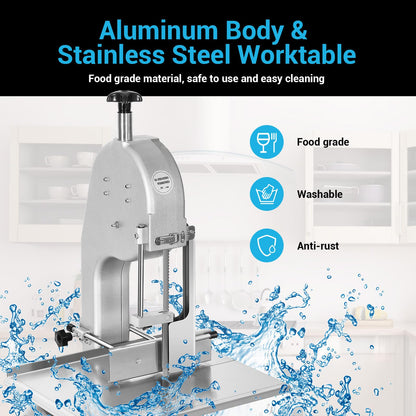 Commercial Electric Meat Bone Saw Machine, Kitchen Frozen Food Processor, Adjustable Thickness 0.6-5.9”, Butcher Band Saw with 20x15” Work Table for Chicken Fish Beef Bread