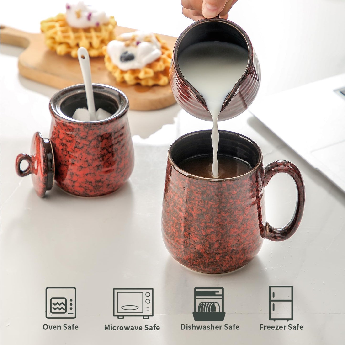 Hasense Ceramic Sugar and Creamer Set, 11 Ounce Sugar Bowl with Lid and Spoon, 10 Ounce Cream Pitcher, Red Coffee Serving Set for Gift, Dishwasher & Microwave Safe