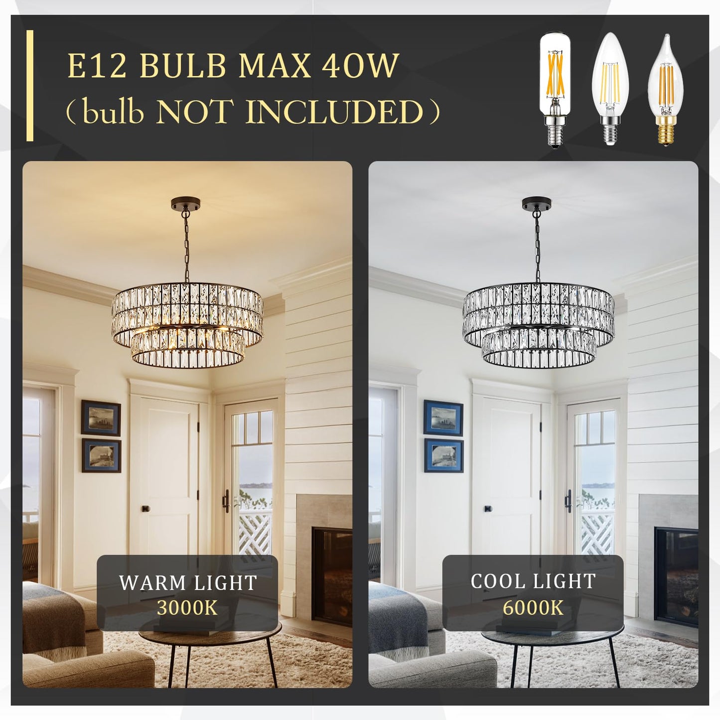 CATINER 24'' Black Crystal Chandeliers Luxury 8-Lights Pendant Chandelier Drum Semi Flush Mount Ceiling Lights for Living Room Dining Room Foyer Bedroom Kitchen