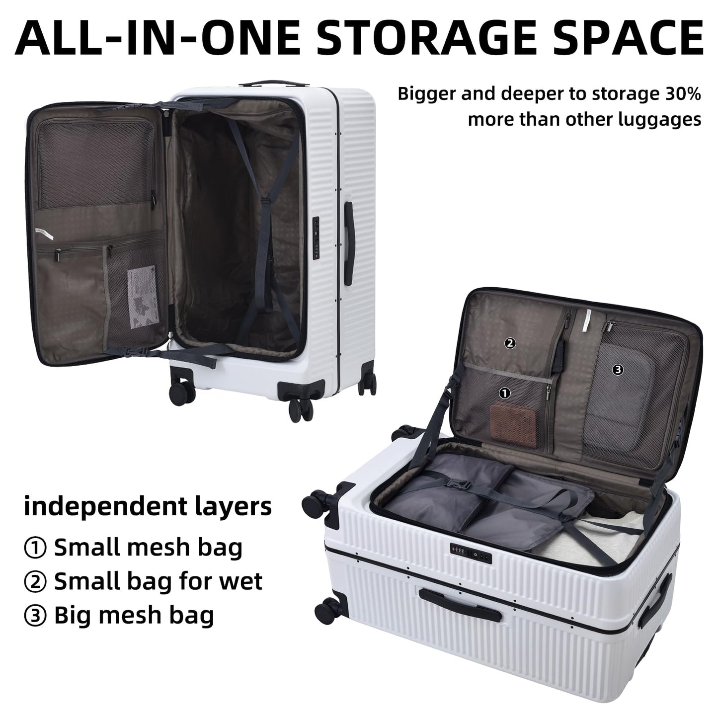 Kaleenie 2 pieces 20/29 Aluminum Frame Carry On and Checked Luggage Set with Side Opening, Lightweight Hardshell ABS+PC Trunk Suitcase with TSA Lock, 360° Universal Wheels & Adjustable Handle, White