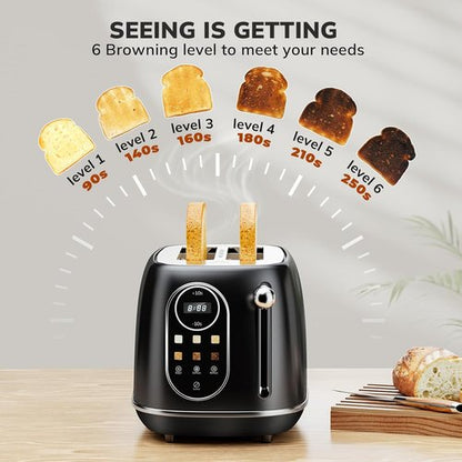 Keenstone 2-Slice Smart Touch Screen Toaster - Retro Stainless Steel with 6 Browning Levels & Removable Crumb Tray | Black