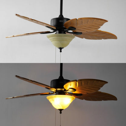 JONATHAN Y 52" Light Brown Coastal Bohemian Palm Leaf LED Ceiling Fan, 3-Light Rustic Wood Blades with Pull Chain for Living Room, Frosted Glass Shade, LED Bulbs Included (JYL9720C)