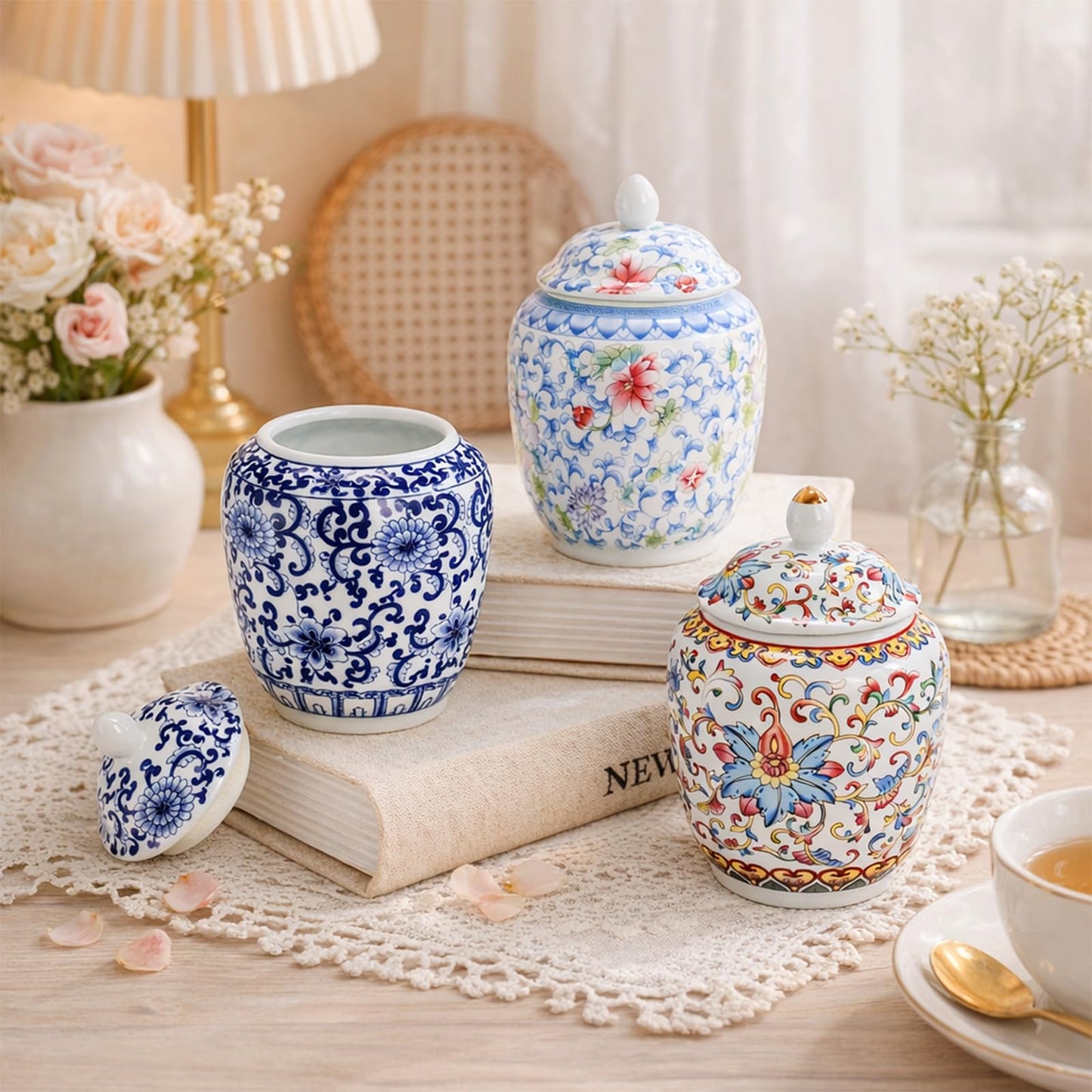 Okllen Set of 3 Small Blue and White Porcelain Salt Cellar with Airtight Lid, 250ml/ Approx. 1 Cup Sugar & Salt Crock Container Ceramic Spice Jar for Kitchen Countertop