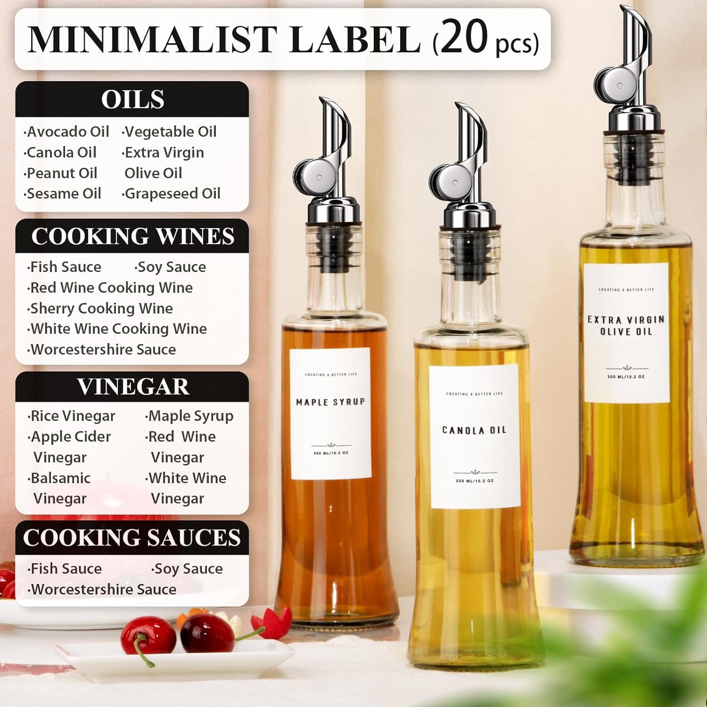 GIXSEGIE Olive Oil Dispenser Bottle with Bamboo Tray, Oil and Vinegar Set with Metal Pour Spout for Kitchen