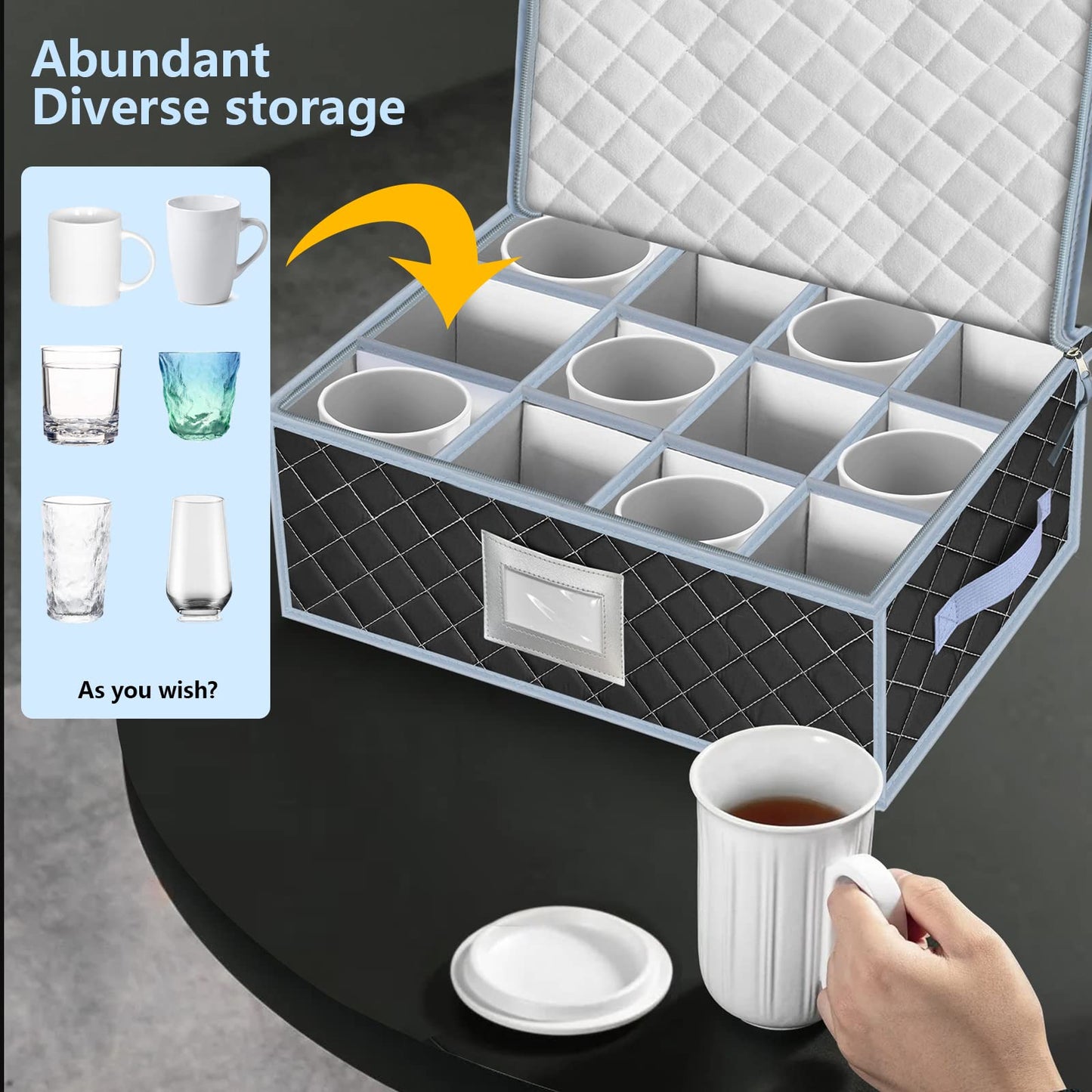 VERONLY Mug and Cup Storage Box with Dividers - 2 Pack China Storage Bin Containers Holds 24 Glassware, Stackable Coffee Mug Organizer Bin and Tea Cup with 2 Metal Zipper,Label and Handles (Grey)