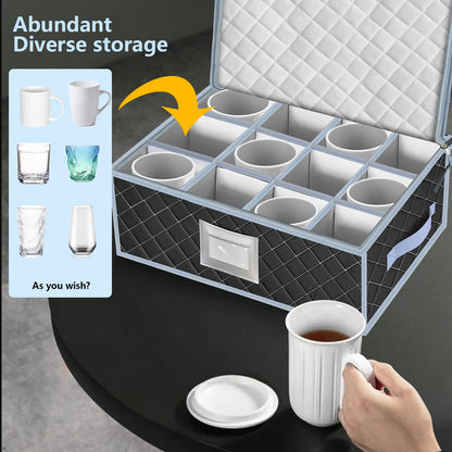 VERONLY Mug and Cup Storage Box with Dividers - 2 Pack China Storage Bin Containers Holds 24 Glassware, Stackable Coffee Mug Organizer Bin and Tea Cup with 2 Metal Zipper,Label and Handles (Grey)