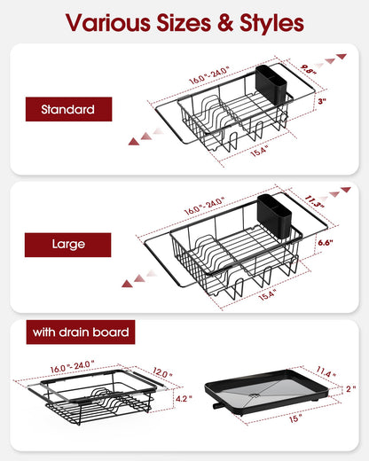 Sakugi Dish Drying Rack in Sink - Expandable Stainless Steel Dish Rack Over the Sink, Kitchen Sink Drain Strainer with Cutlery Holder & Cup Holders, 15.4 x 9.8 x 3.0 Inch, Black