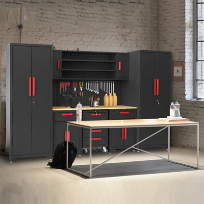 Torin Garage Storage Cabinets System, 8-Pcs Workshop Cabinet Set in Black, Included Steel Cabinets Drawers Rolling Chest and Pegboard,Locked Garage Storage Cabinet