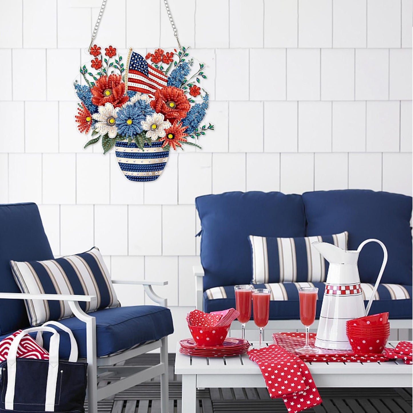 DOMROM 4th of July Diamond Art Hanging Kits, Patriotic Flower Vase Diamond Painting, Special Shaped Gem Art Suncatchers Ornament, American Flag Independence Day Decor for Home Window Wall