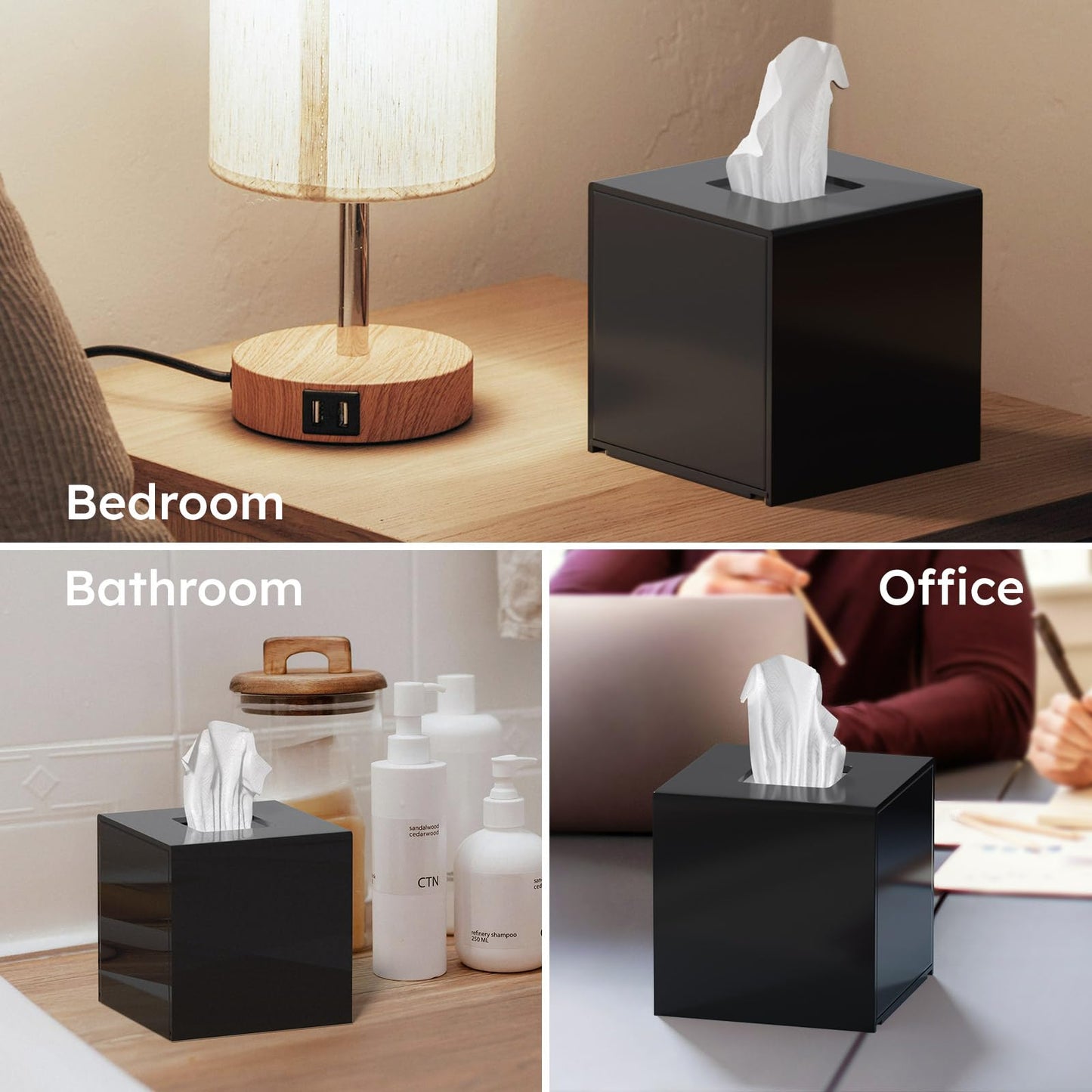 FEMELI Acrylic Tissue Box Cover Square - Matte Solid Cube Napkin Holder with Magnetic Bottom, Modern Decorative Facial Paper Dispenser for Bathroom, Bedroom, Kitchen - Black