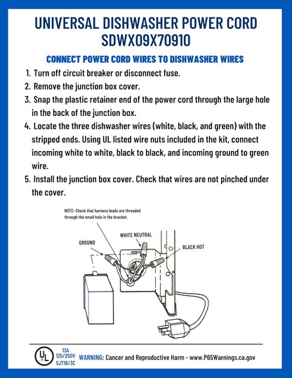 Supplying Demand WX09X70910 Dishwasher Power Cord Replacement, 5 Feet 4 Inches Long