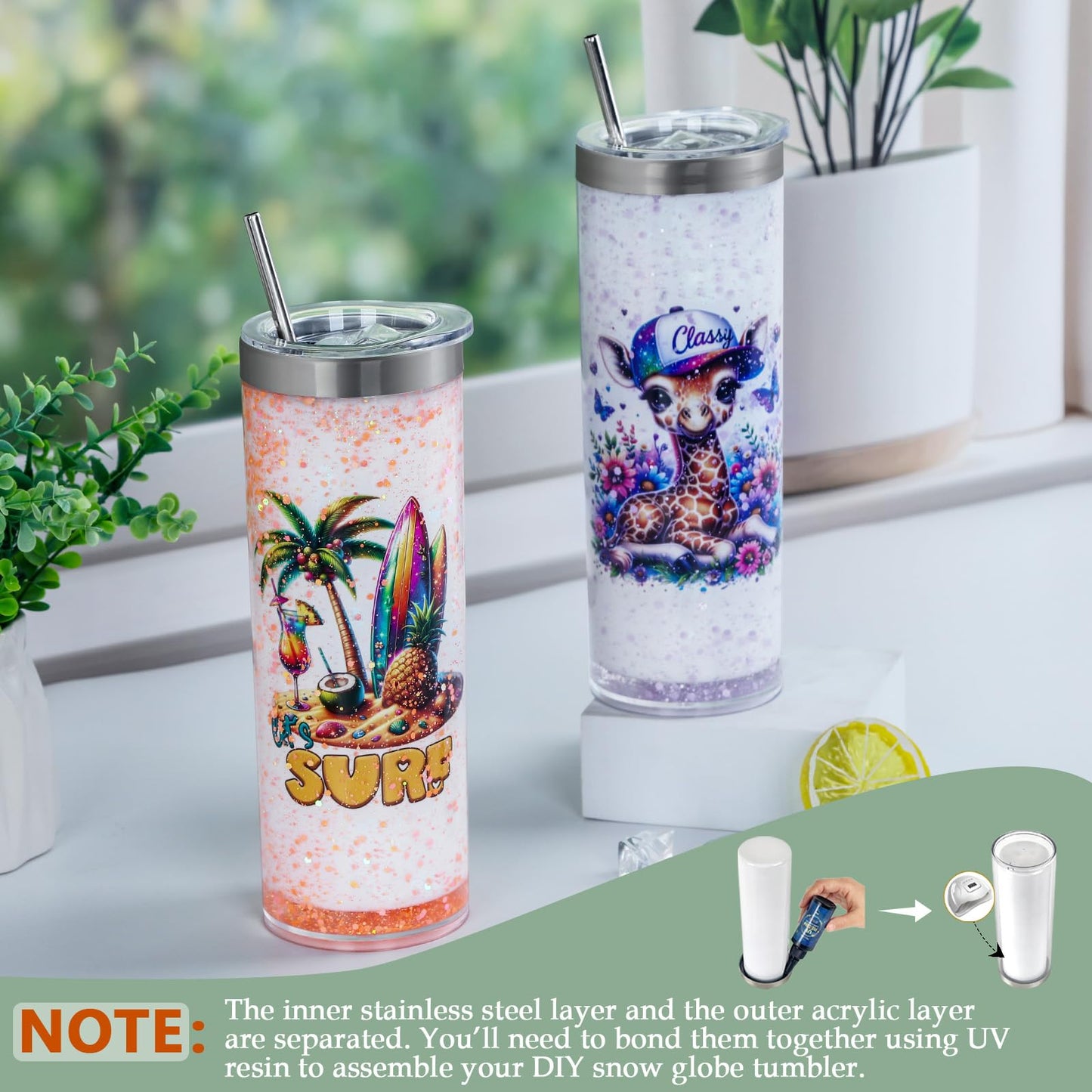 20 Oz 8 Pack Double Wall Pre Drilled Sublimation Storyboard Snow Globe Tumbler, Inner Stainless Steel Outer Plastic Insulated Storyboard Cups, DIY Interlayer for Glitter Storyboard Tumbler Gifts