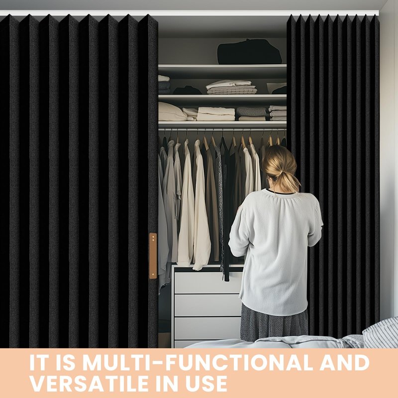 JILRON Accordion-Style Room Divider with Ceiling Track - Foldable Partition Curtain, Easy Installation(Black 100" W x 84" L-Pack of 1)