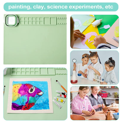 AWOKE Silicone Painting Mat for Table Protection - 20"X16" Washable Art Mat with 1 Water Cup for Kids - Craft Mat has 12 Color Dividers - 2 Paint Palettes (Green), Toddler Activities, Girl Boy Gifts