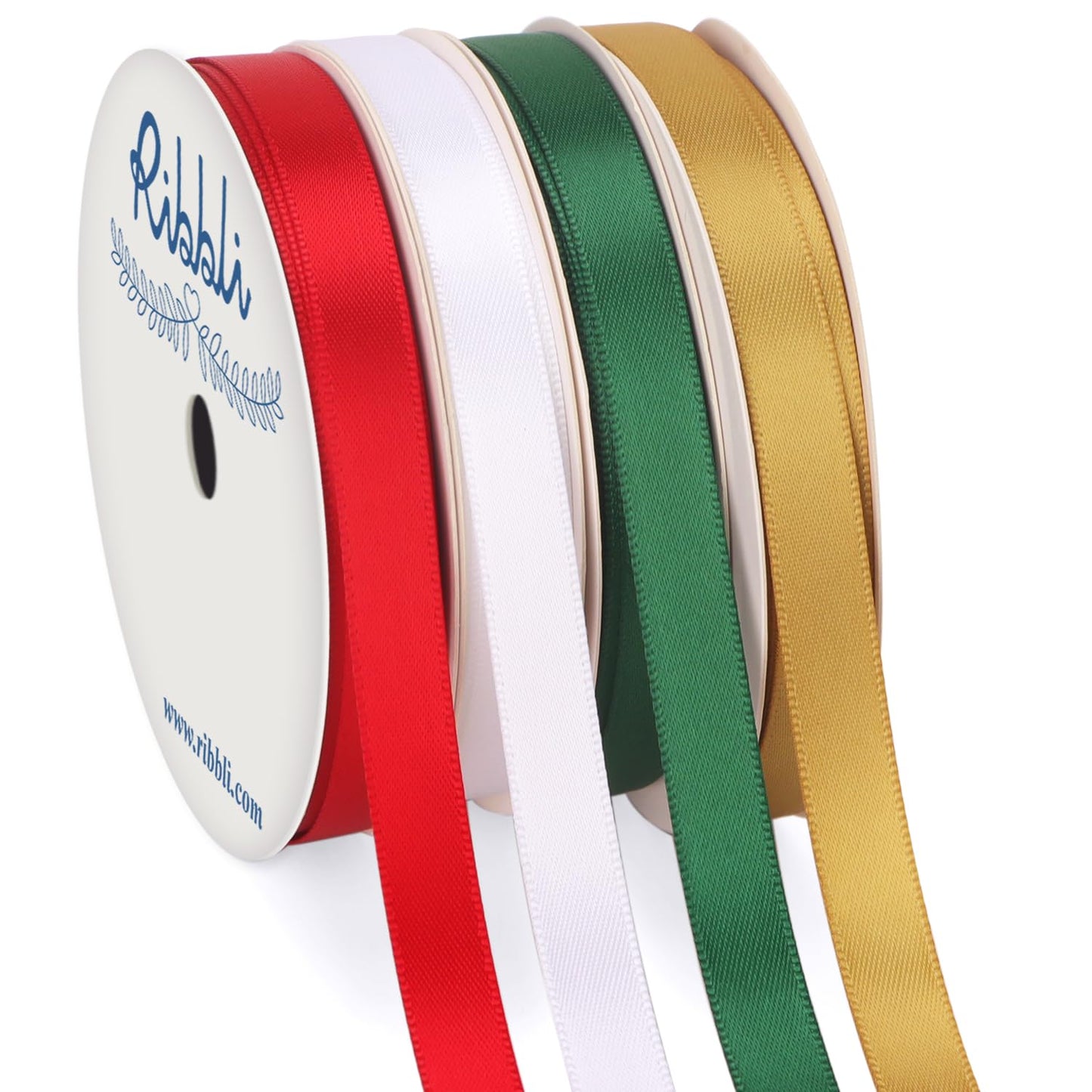 Ribbli Christmas Satin Ribbon 3/8 Inch x 4 Rolls Total 40 Yards- Red White Green Gold Ribbon for Gift Wrapping Christmas Decoration and Crafts