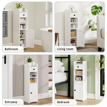 Lomojo Small Bathroom Storage Cabinet,Narrow Toilet Paper Holder,Corner Floor Cabinet with Doors and Drawer for Small Space,Adjustable Shelf Organizer,7.75L*7.75D*29.6H,White