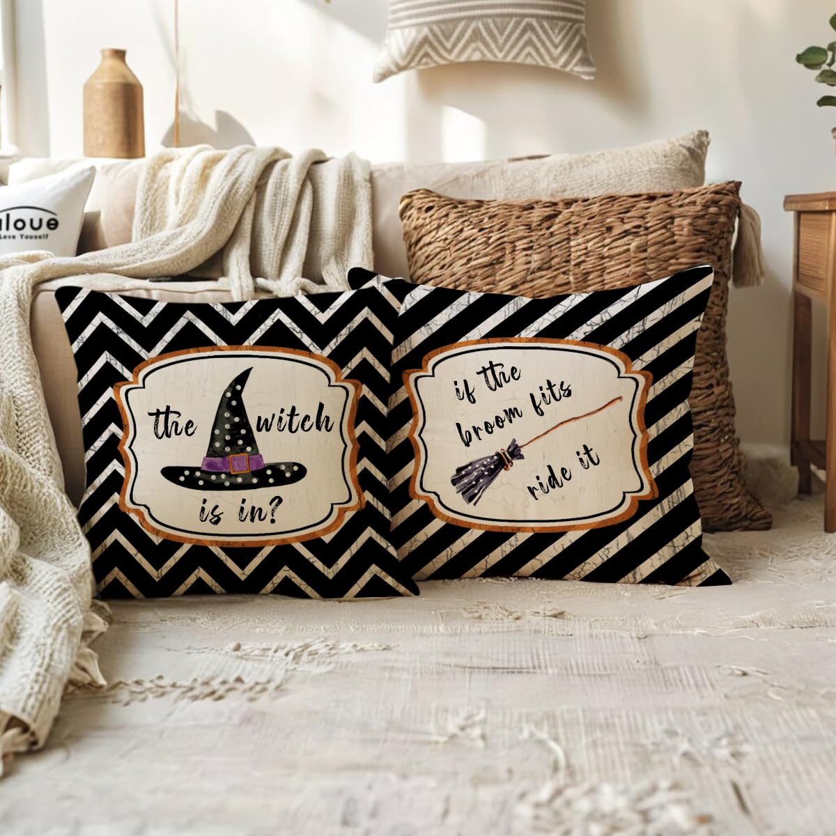 ULOVE LOVE YOURSELF 2Pack Black Halloween Pillow Covers Witch Hat/Broom Happy Halloween Decorative Pillow Cushion Cover Cute Fall Decor Pillowcase for Sofa/Couch/Porch
