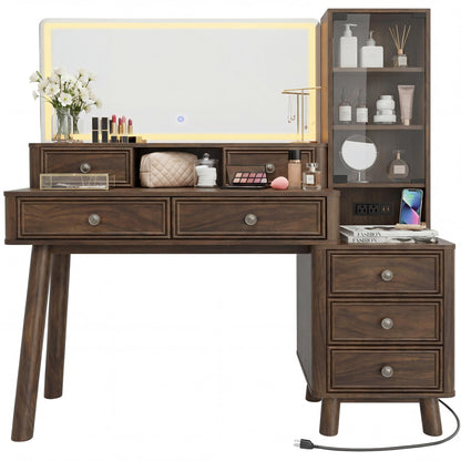 YESHOMY Makeup Vanity Desk with Large Mirror and LED Lights, with 7 Drawers & Charging Station, Dressing Table Set Modern Glass Storage Cabinet with Adjustable Shelves for Bedroom, Dark Walnut