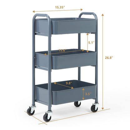 SunnyPoint 3-Tier Delicate Compact Rolling Metal Storage Organizer - Mobile Utility Cart Kitchen/Under Desk Cart with Caster Wheels - Blue (15.35" X 10.24" X 26.8"H)