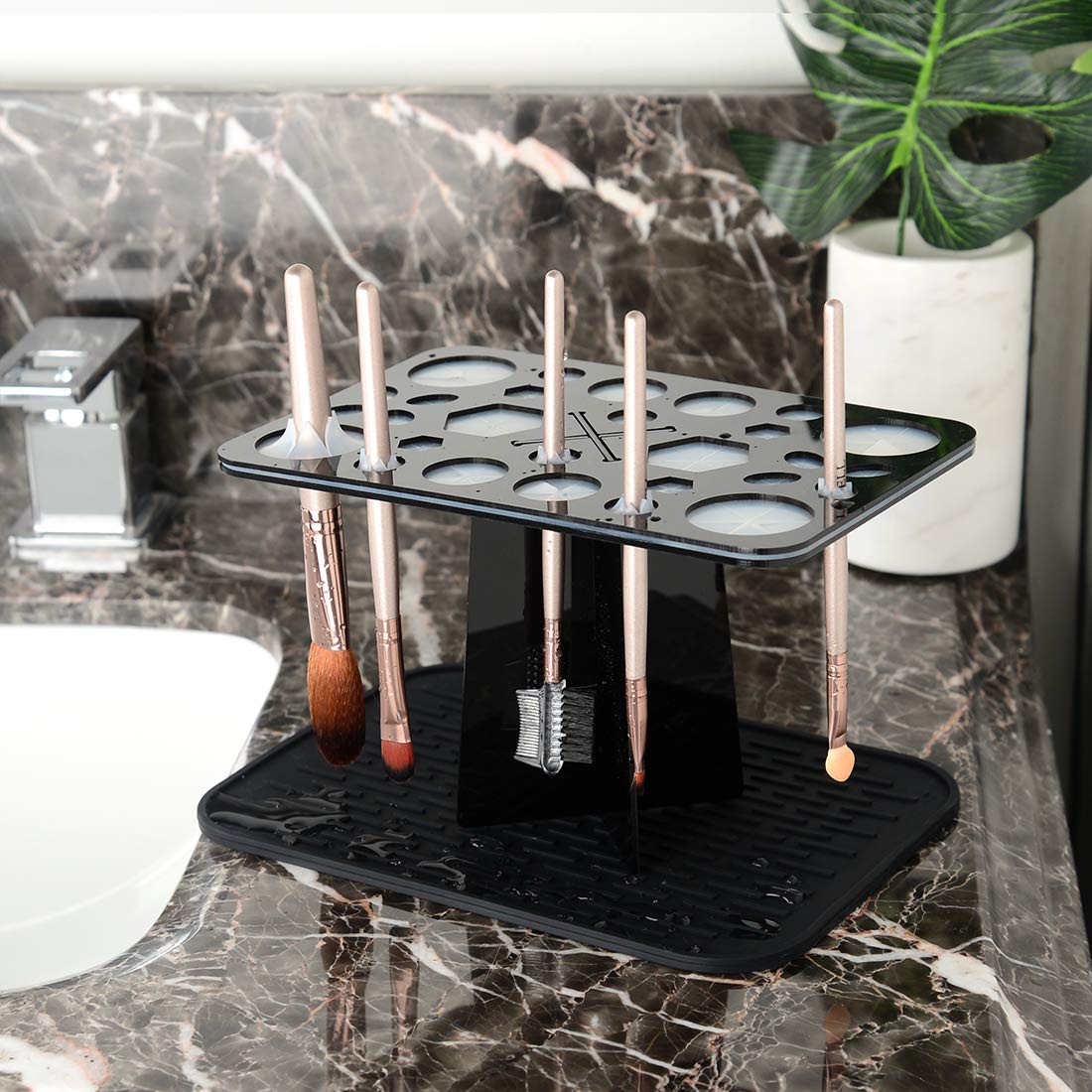 ReignSword 28 Hole Makeup Brush Drying Rack with Mat, Collapsible Makeup Brush Holder with Silicone Mat, Brush Dryer Stand, Make Up Organizer for Vanity Countertop