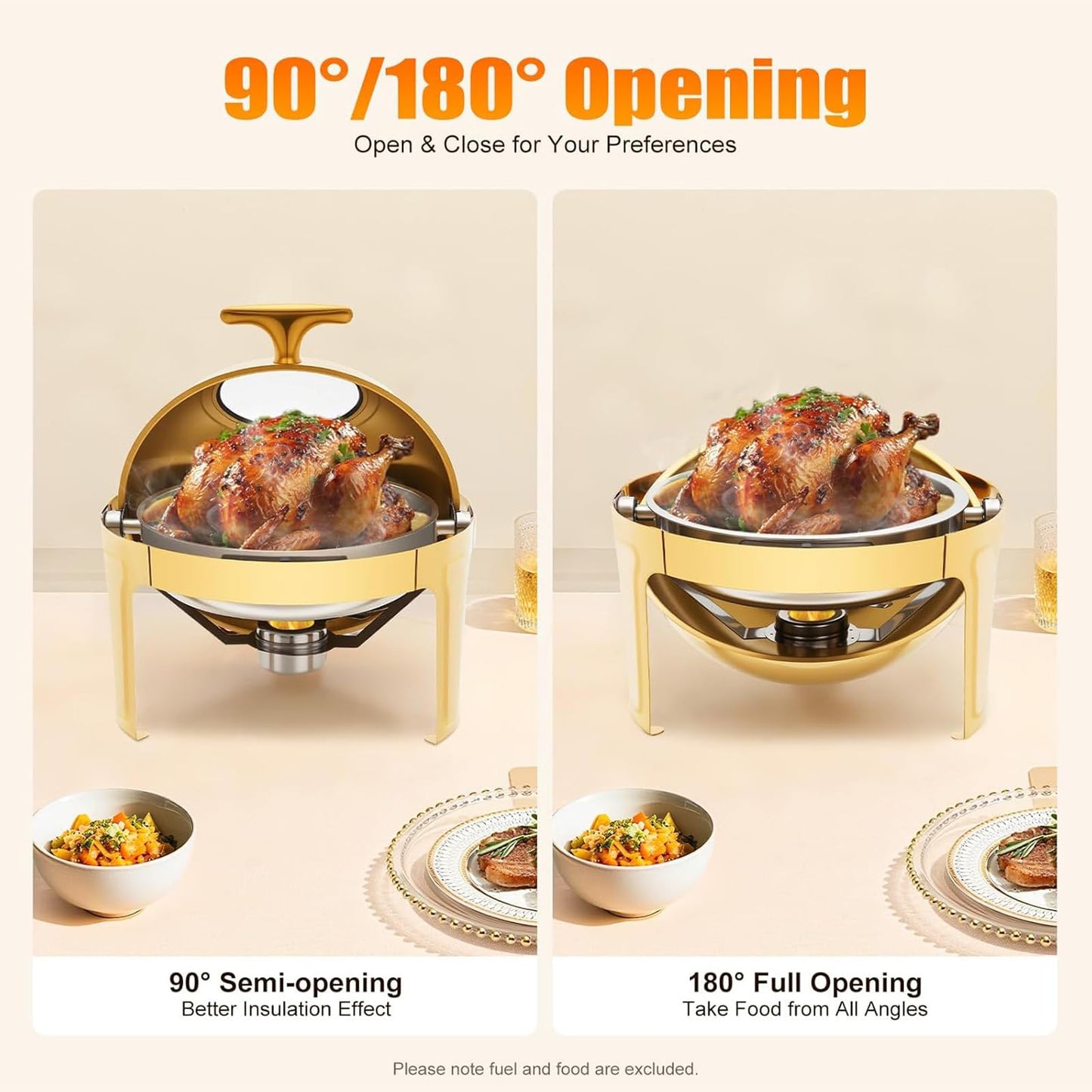 ZephPerton Round Gold Buffet Chafing Dish, Buffet Server Capacity Golden Food Warmer, 180° Roll Top with Visible Glass Lid & Surround Water Heat Insulation for Home Restaurant Party Catering Hotel