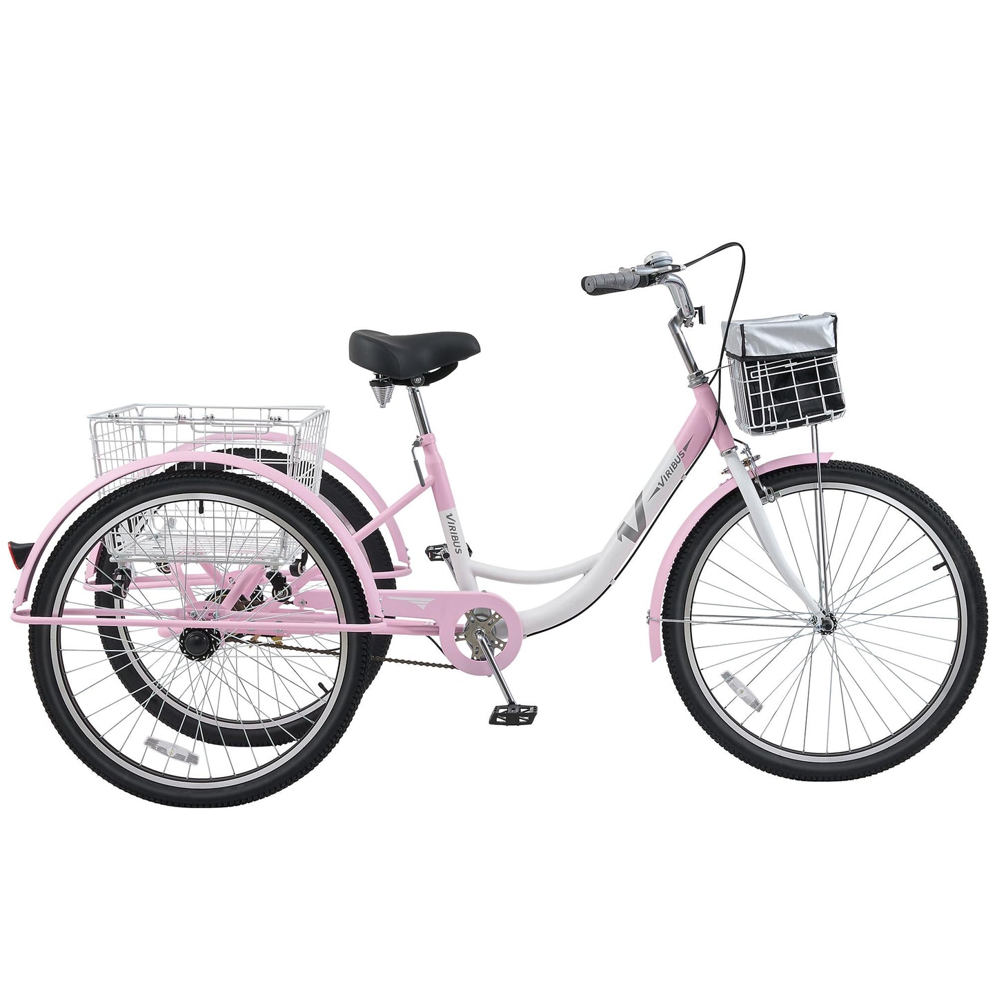 VIRIBUS Adult Tricycles for Women, Single Speed Tricycle for Adults with Front & Rear Detachable Wheeled Baskets, 3 Wheel Bikes for Adults Seniors 1 Speed, 400 lb. Capacity Three Wheeler, 26 in. Pink