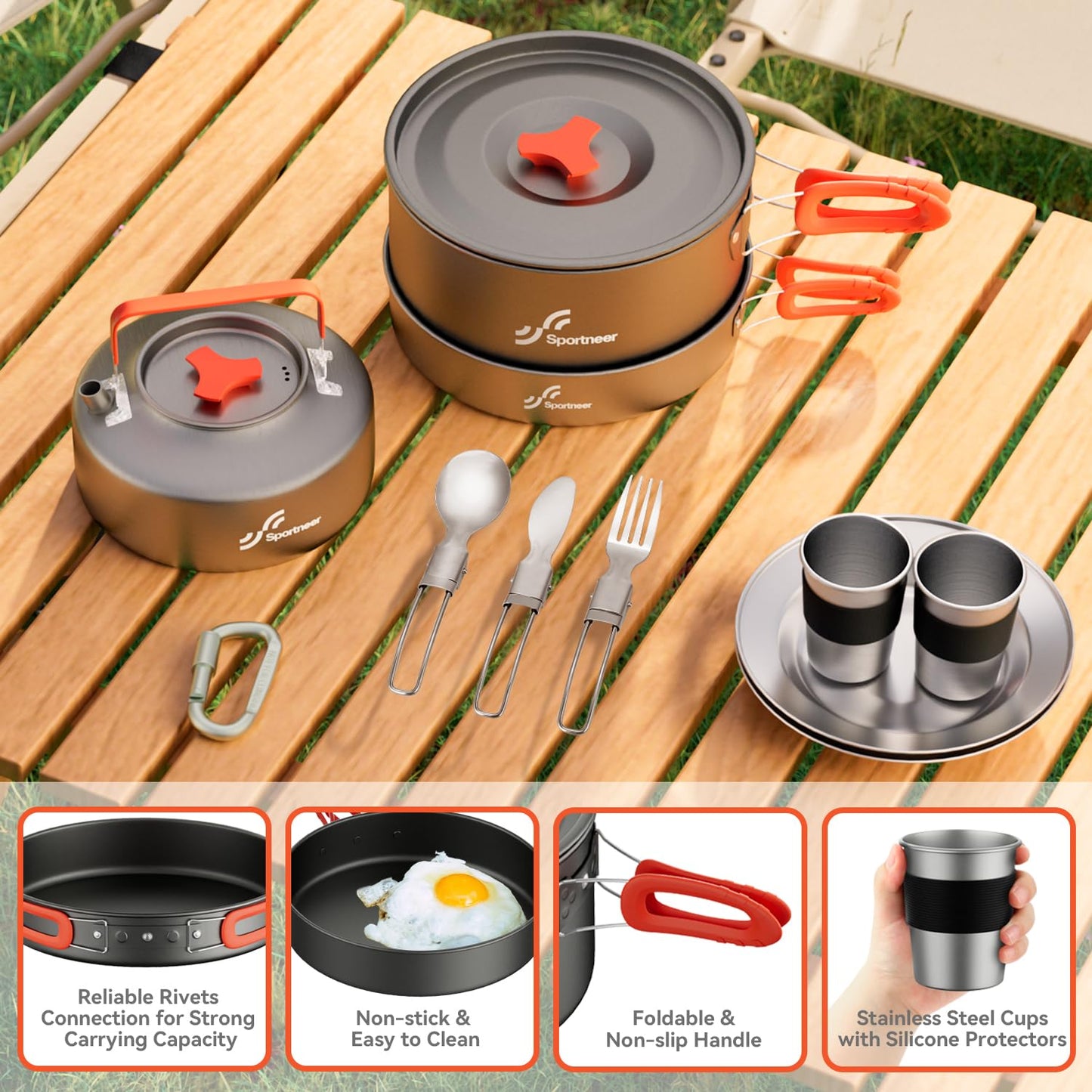 Sportneer Camping Cookware Set, 18Pcs Non-Stick Lightweight Pots, Pan, Kettle with Stainless Steel Cups, Plates, Forks, Knives & Spoons for Camping, Backpacking, Hiking, Outdoor Cooking & Picnic